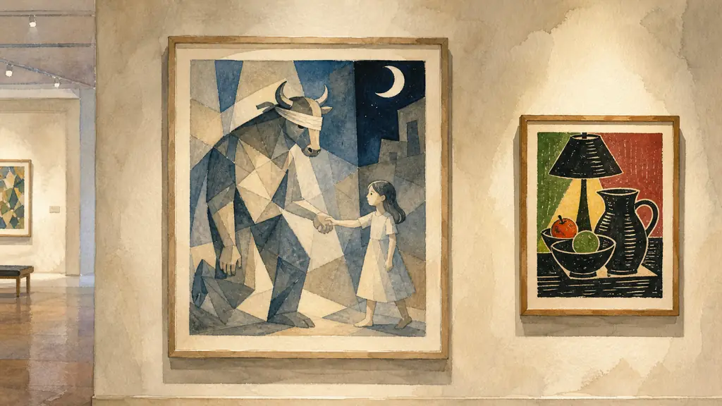 Editorial museum photograph of a framed Picasso-style print showing a blind minotaur guided by a little girl at night beside a nearby color linocut still life under a lamp, with black shapes over green red and yellow, soft gallery lighting, no text, no logo>