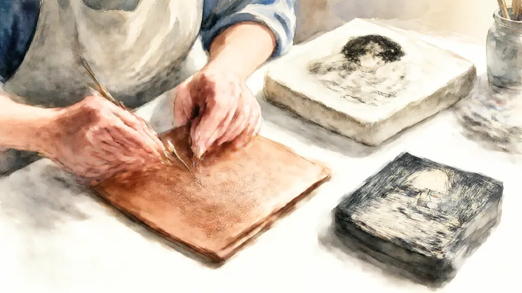 Editorial close-up photograph of an artist's hands in a print studio, one copper plate scratched with a drypoint needle, beside a lithographic stone with a fluid black line drawing and a carved linocut block showing a lamp and table, soft natural workshop light, no text, no logo>