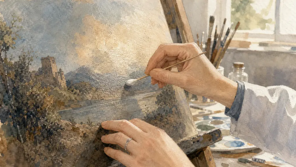 art conservator gently cleaning an oil painting in a restoration studio, close-up of hands, soft natural light, visible canvas texture and varnish sheen, editorial photography, no text, no logo
