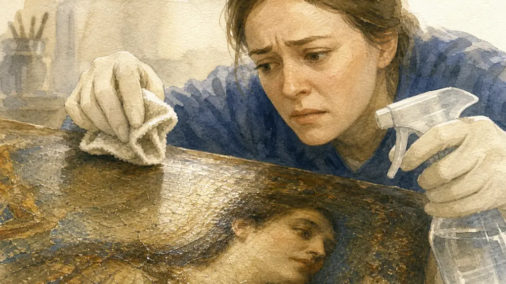 close-up of a person about to clean an old oil painting with household cloth and spray bottle, visible varnish glare, fragile craquelure details, cautionary editorial photography, no text, no logo