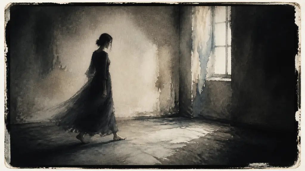 editorial fine art photograph of a solitary woman in a dark flowing dress, blurred mid-step in a shadowy room, distressed black-and-white Polaroid texture with worn negative edges, no text, no logo