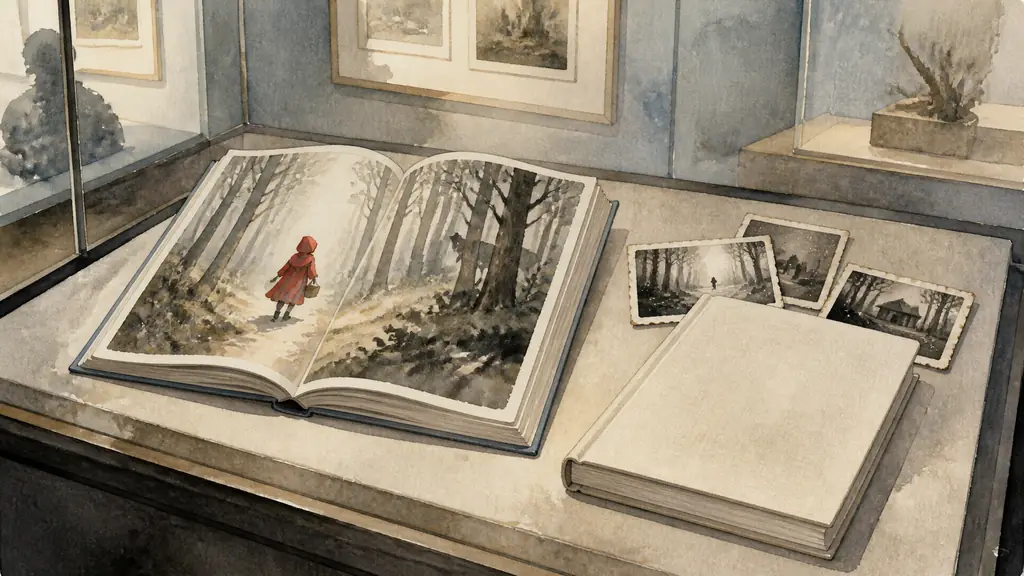 museum display featuring an open illustrated Little Red Riding Hood book beside distressed black-and-white Polaroid prints and a PasséPrésent exhibition catalogue, no text, no logo