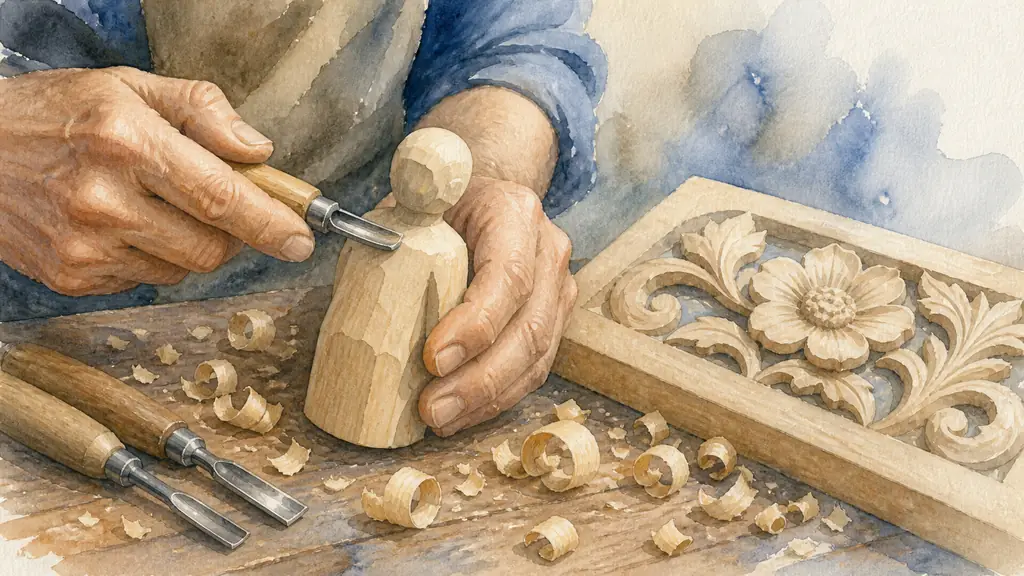 Close-up editorial photograph of hands using a medium-width gouge to round the shoulder of a small wooden figure, beside a partially carved floral bas-relief with lowered background, natural wood shavings on the workbench, no text or logo