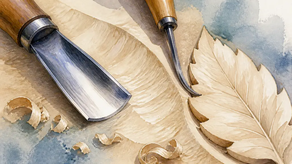 Editorial close-up photograph of a 25 mm gouge smoothing a broad recessed background beside a narrow gouge defining the curved edge of a carved wooden leaf, visible layered planes and fresh wood shavings, no text or logo