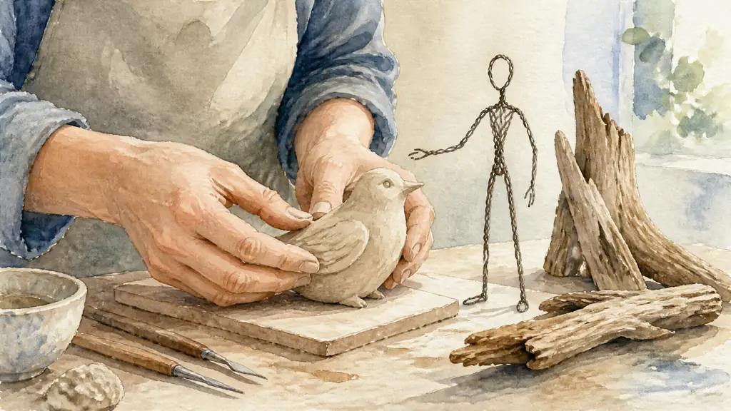 Close-up editorial photograph of hands shaping a small stylized clay bird beside a twisted wire human figure and pieces of driftwood on a workshop table, soft natural light, no text, no logo
