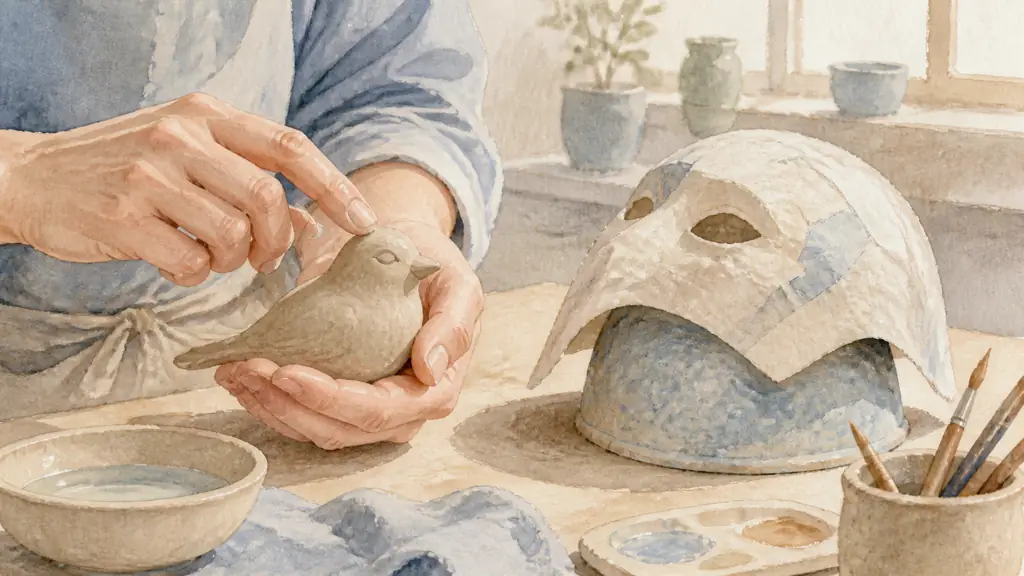 Editorial photograph of hands smoothing a small clay bird with a damp fingertip beside a paper mache mask drying over an upside-down bowl, soft workshop daylight, no text, no logo