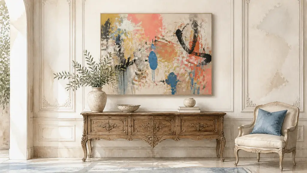 Editorial interior photograph of a colorful graffiti-inspired canvas above an antique wooden console, framed by pale walls with classical moldings and a single matching blue cushion, no text, no logo