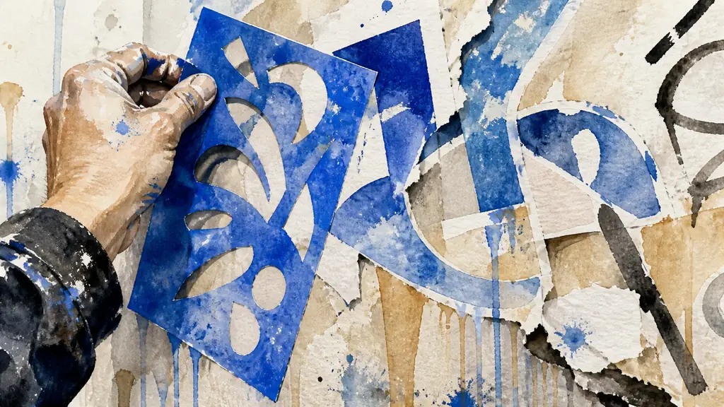 Editorial close-up photograph of an artist applying a crisp blue stencil beside layered graffiti lettering, paint drips and overlapping sticker fragments, no text, no logo