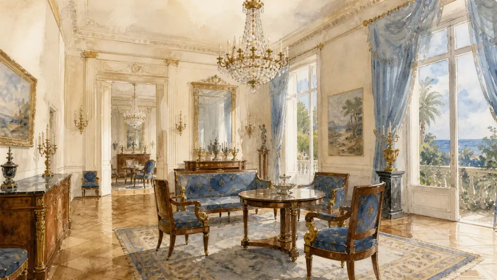 Editorial interior photograph of a Villa Masséna ground-floor salon in Nice, featuring First Empire furniture, ornamental bronze details and period chandeliers, natural Mediterranean light, no text, no logo