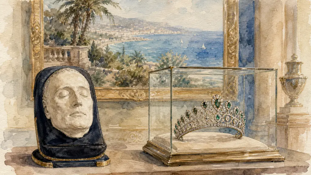 Editorial museum photograph showing Napoleon's death mask, Empress Josephine's diadem and a Riviera landscape painting displayed together at the Musée Masséna, soft gallery lighting, no text, no logo