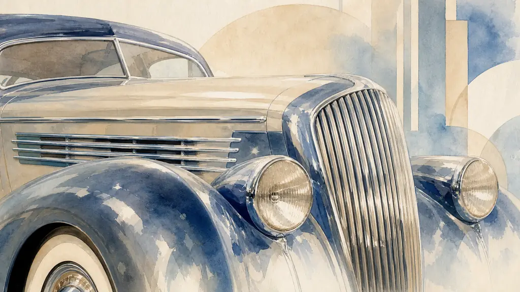 Editorial close-up photograph of a 1930s streamlined car front quarter, long chrome grille, curved fender, elongated hood reflecting light, elegant geometric detailing, no text or logo>