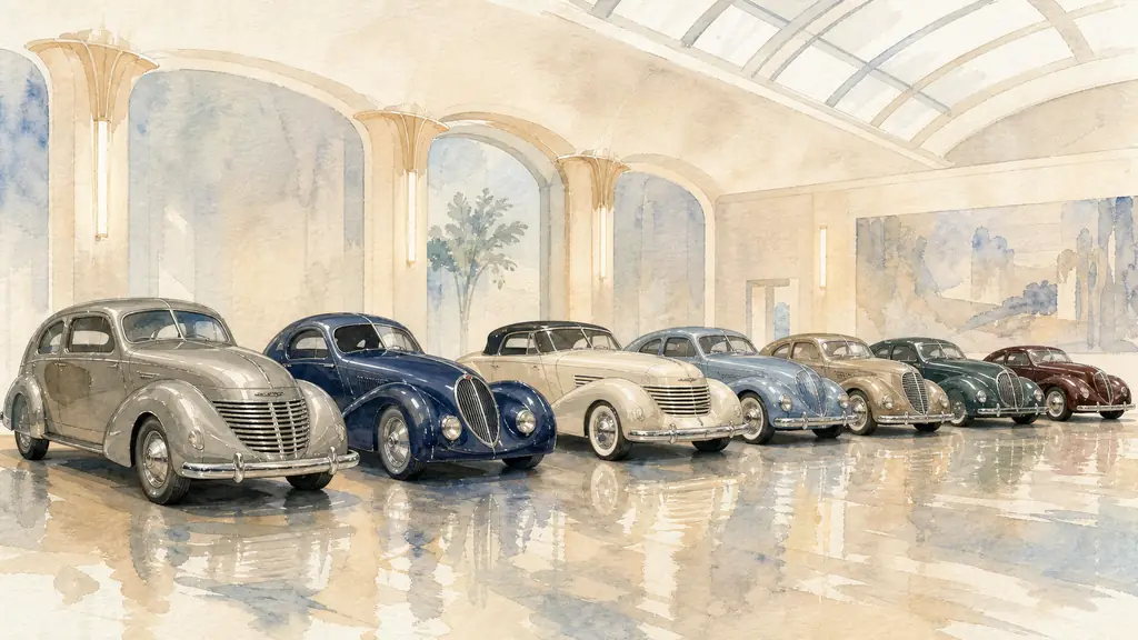 Editorial photograph of seven vintage Art Deco cars lined up in a museum hall, featuring a Chrysler Airflow streamlined body, a Bugatti Atlantic dorsal seam, and a Cord 810 with hidden headlights, polished chrome reflections, no text or logo>