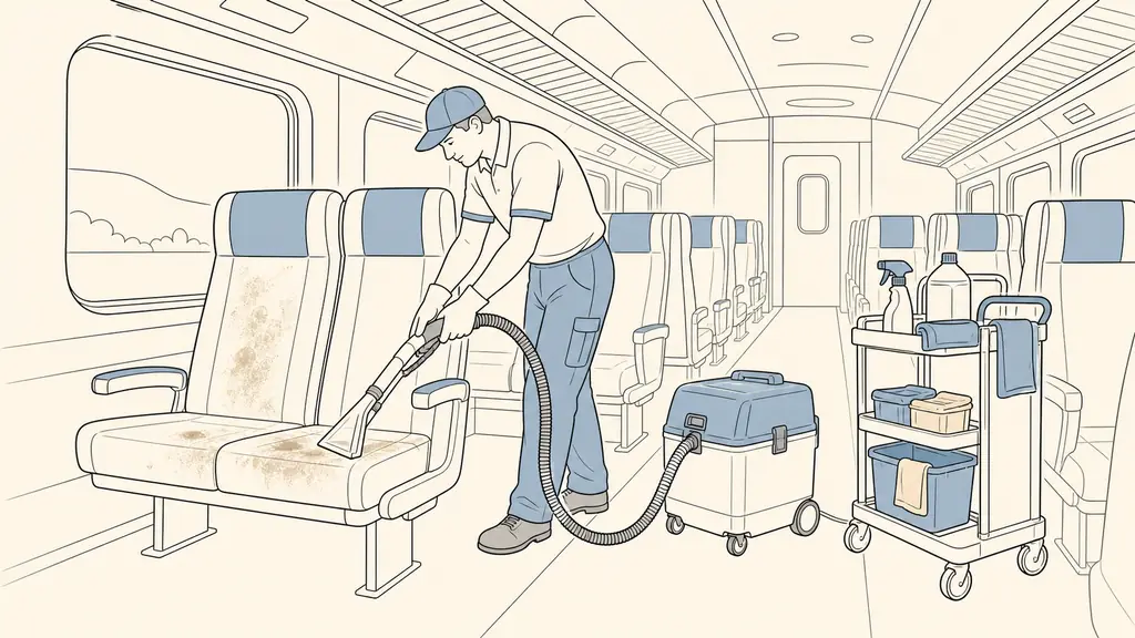 Railway cleaning worker using an injection-extraction machine inside a train carriage, cleaning a stained seat before the train returns to service, equipment cart visible nearby, editorial photography, no text, no logo