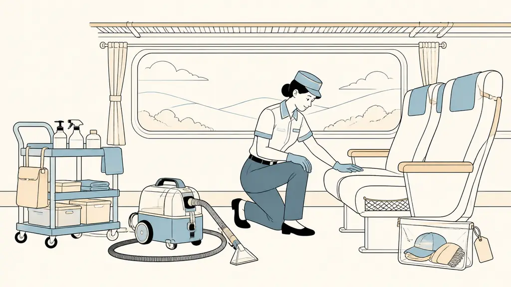 Railway cleaning agent inspecting a freshly cleaned train seat beside an injection-extraction machine, with a labeled lost-property pouch and equipment cart nearby, editorial photography, no text, no logo
