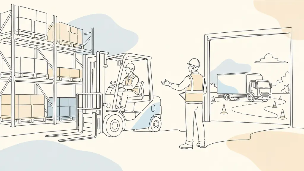Trainee operating a warehouse forklift beside pallet racks while an instructor observes, with a truck driving practice area visible outside