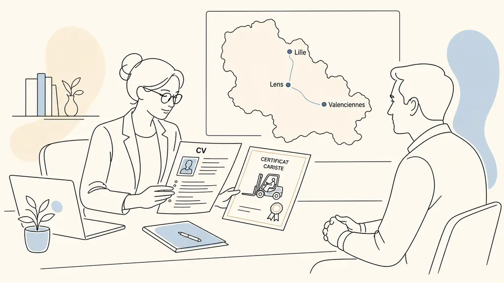 Employment advisor reviewing a candidate's CV and forklift certificate at a desk, with a regional job map showing Lille, Lens and Valenciennes