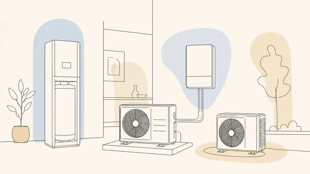 Editorial photograph of three distinct heat pump configurations in a technical showroom, including a tall indoor unit with integrated hot water tank, a separate outdoor split unit, and a compact monobloc unit, no visible text or logos