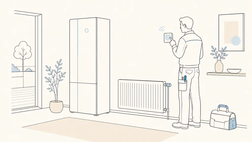 Editorial photograph of a compact tall indoor heat pump unit beside a low-temperature radiator, with a technician configuring a wall-mounted connected controller, no visible text or logos