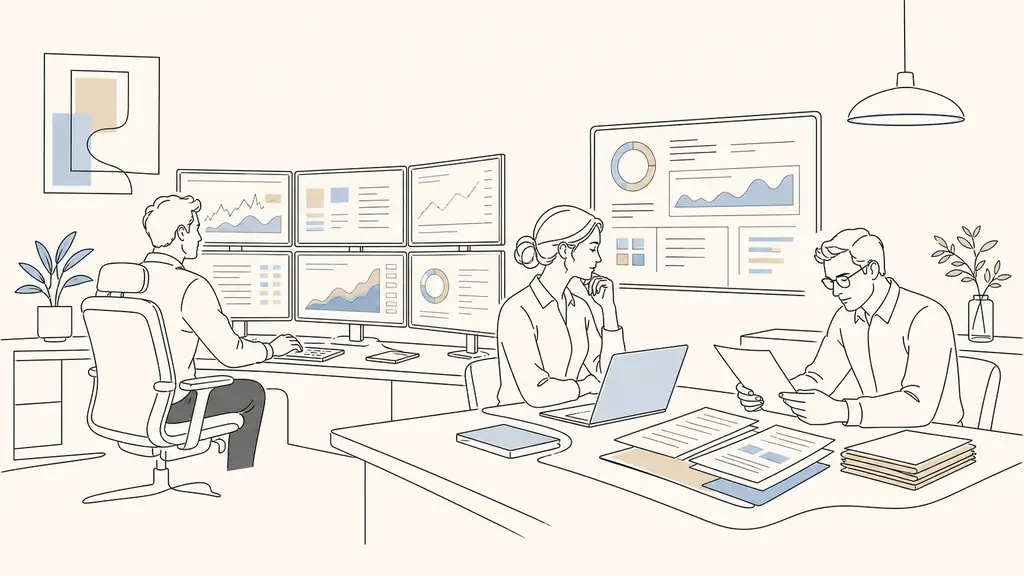 Editorial photograph of a trader at a workstation, a risk analyst reviewing a dashboard, and an operations specialist checking settlement instructions, no visible text or logos