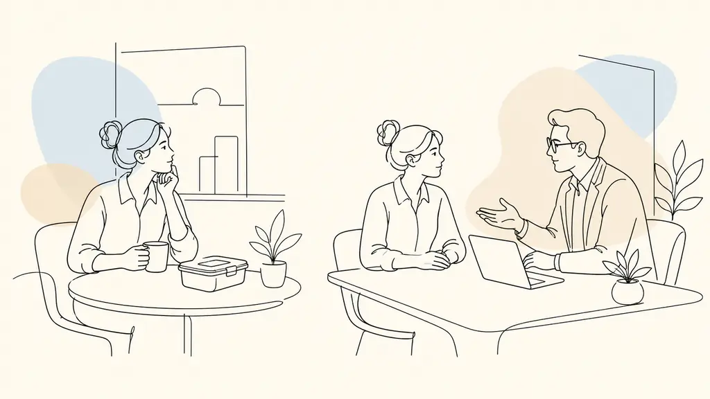 Editorial photograph of an employee taking a quiet break beside a lunch box, then receiving constructive feedback from a manager at a shared office table