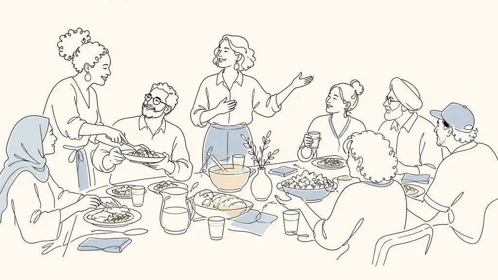 Editorial photograph of neighbors sharing a homemade meal at a welcoming community table, one person serving a dish while another coordinates the gathering