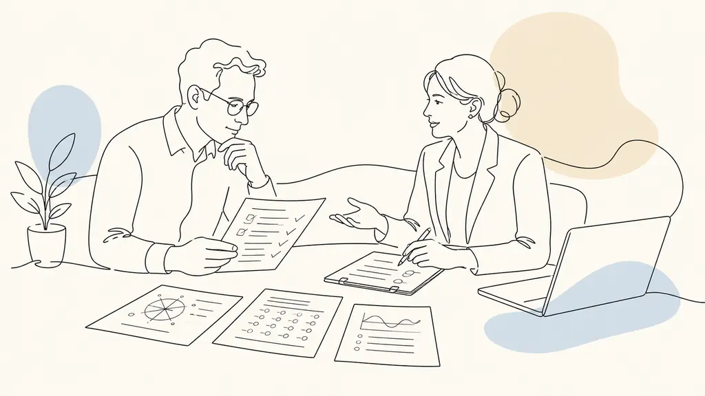 Editorial photograph of a mid-career office worker reviewing a skills assessment worksheet and a written action plan during a one-to-one guidance interview, laptop and interest test sheets on the table, no text, no logo