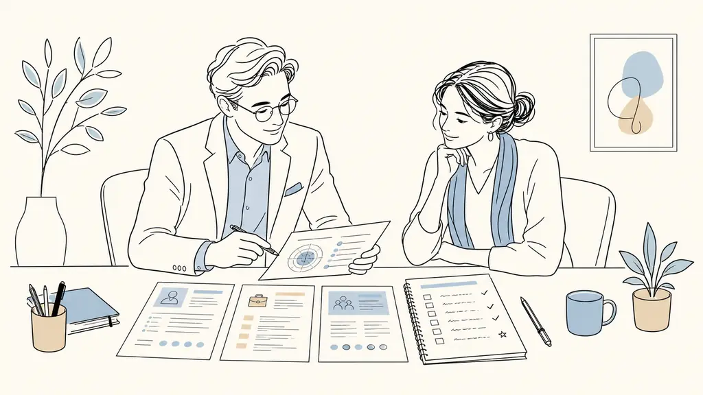 A career consultant and a woman reviewing completed personality questionnaires, printed job profiles and a handwritten action plan during a confidential one-to-one meeting