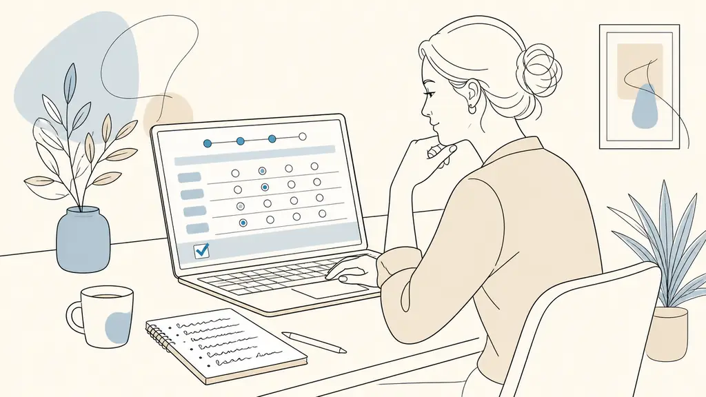 Editorial photograph of a woman completing an online career orientation questionnaire on a laptop, with an email consent checkbox visible and handwritten notes about transferable skills beside the keyboard, no text or logo