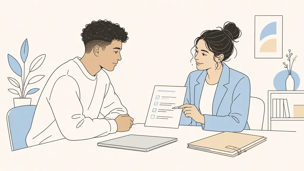 Editorial photograph of a young adult meeting a Mission Locale adviser, comparing a funding checklist beside a closed laptop and a confidential assessment folder, no text or logo