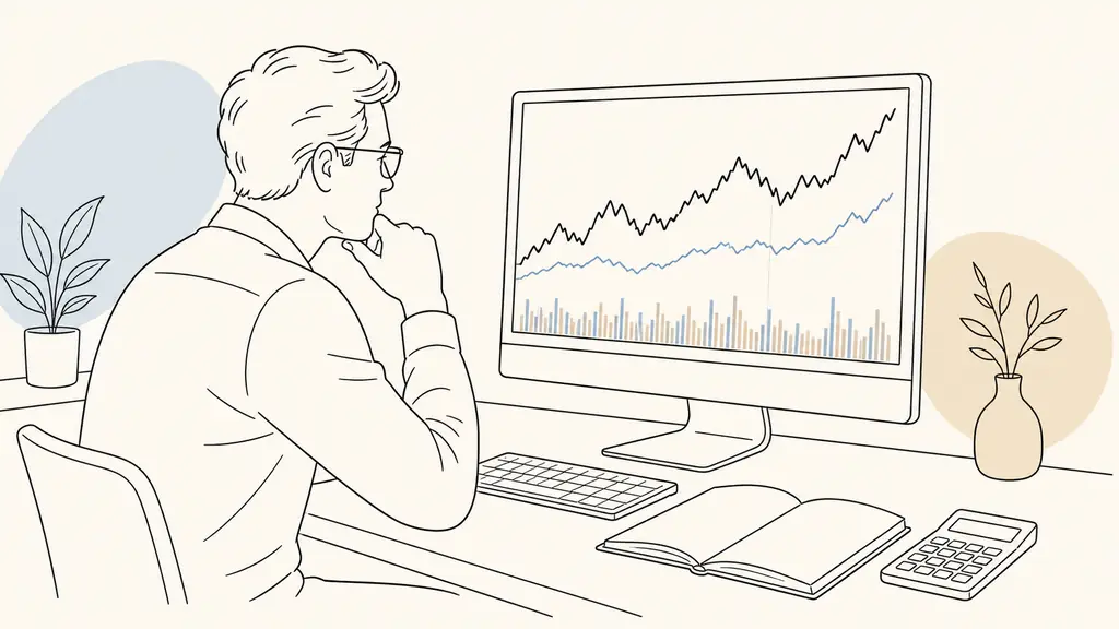Editorial photograph of an investor examining an unlabeled 52-week stock chart with visible volume bars and a second comparison curve on a desktop monitor, notebook and calculator beside the keyboard, no text, no logos