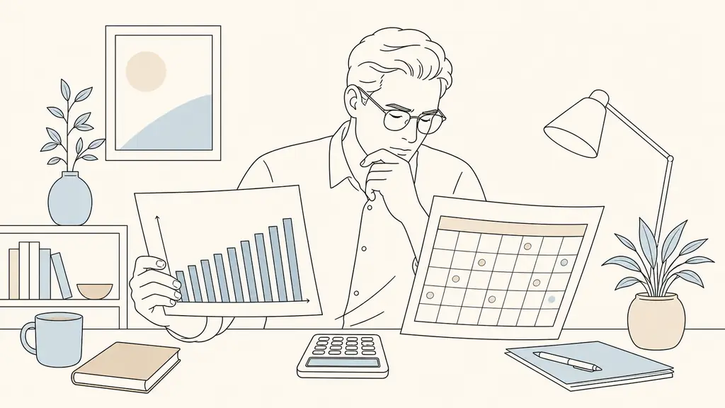 Editorial photograph of an investor comparing a decade-long unlabeled dividend bar chart with an annual payment calendar and a calculator on a desk, no text, no logos