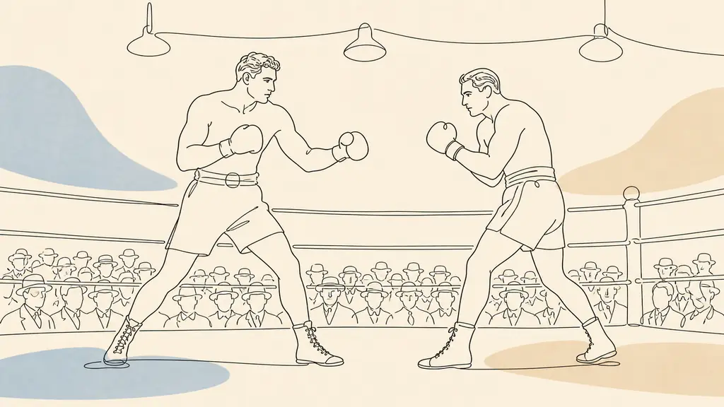 Vintage editorial photograph of Jack Dempsey facing Georges Carpentier in a 1921 boxing ring, heavyweight fighters under bright arena lights, dense ringside crowd, no text or logo