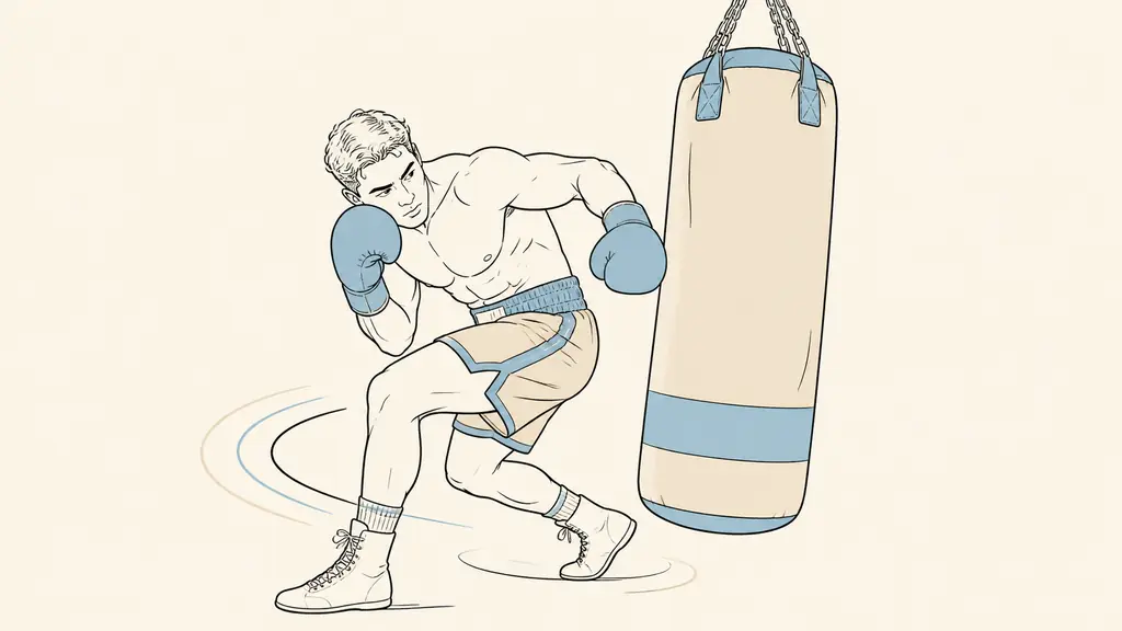 Editorial action photograph of a boxer lowering his torso and pivoting beside a heavy punching bag while preparing a compact left hook, no text or logo