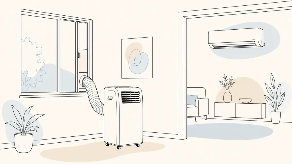Editorial photograph of a portable monobloc air conditioner beside a window with its exhaust hose fitted into a window kit, and a wall-mounted split indoor unit visible in the adjoining room, no text, no logo