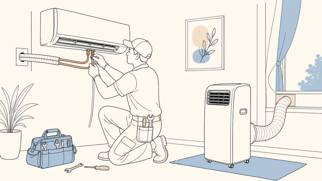 Editorial photograph of a technician connecting copper refrigerant lines to a wall-mounted split air conditioner while a portable unit with an exhaust hose stands nearby, no text, no logo