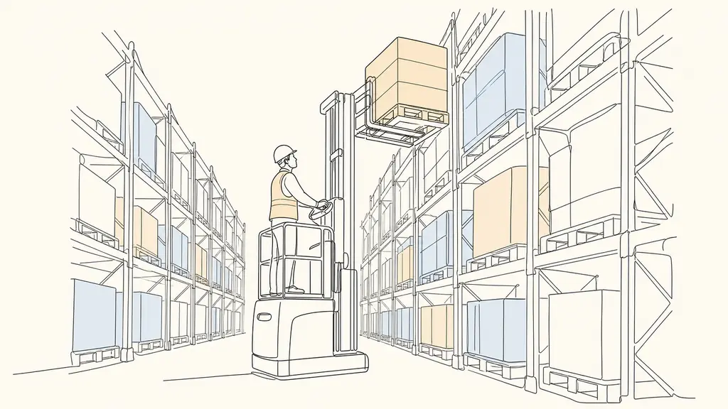 editorial photo of a warehouse worker standing on a ride-on stacker forklift lifting a pallet above 1.20 meters into storage racks, narrow aisle logistics setting, no text no logo