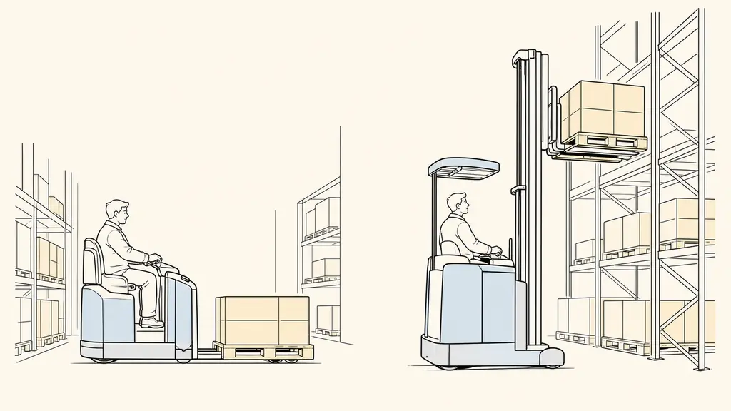 editorial photo of a warehouse comparison scene, a ride-on pallet truck moving a pallet at floor level on one side and a ride-on stacker placing a pallet above 1.20 meters into storage racks on the other, narrow aisle logistics setting, no text no logo