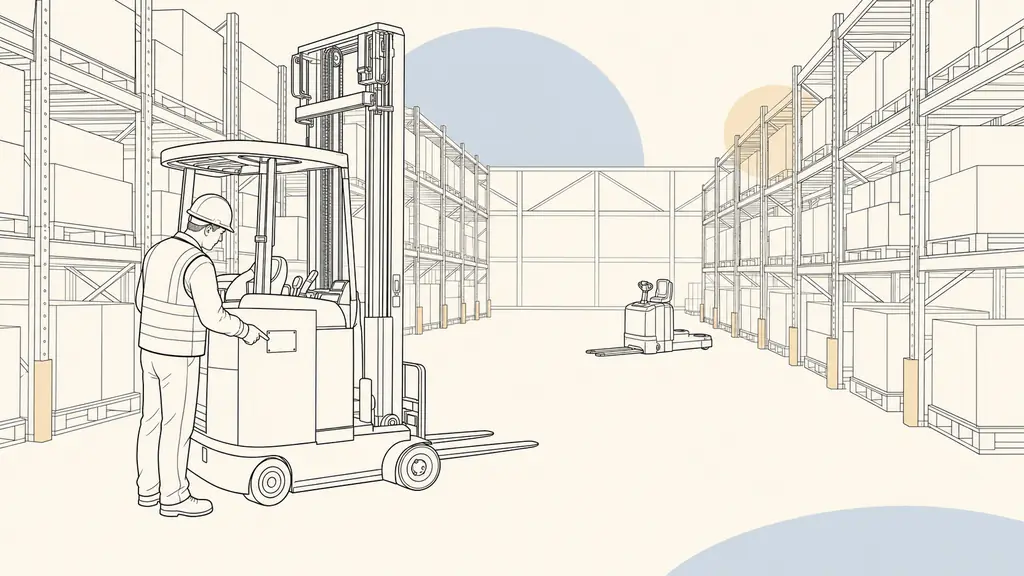 warehouse operator inspecting the capacity plate of a reach truck beside high pallet racking, with a ride-on pallet truck visible in the aisle, realistic industrial safety photography, no text, no logo