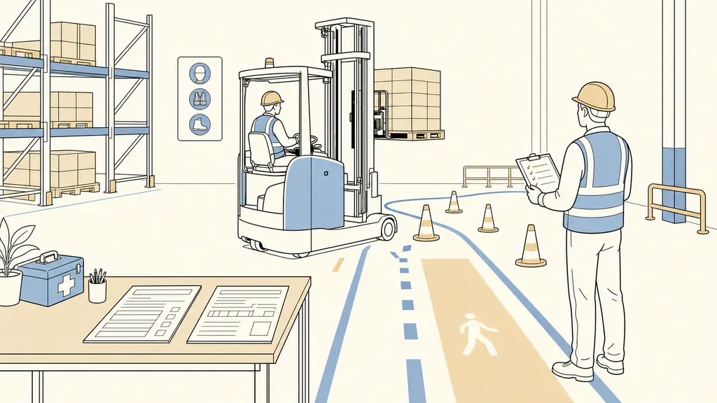 trainee completing a practical forklift test on a reach truck while an examiner observes with a checklist, medical fitness document and course registration form resting on a nearby safety desk, realistic editorial industrial photography, no text, no logo