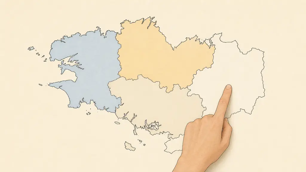 overhead photograph of a color-coded paper map divided into four Breton departments, with a hand pointing to Rennes and the Atlantic coastline visible, no text or logo