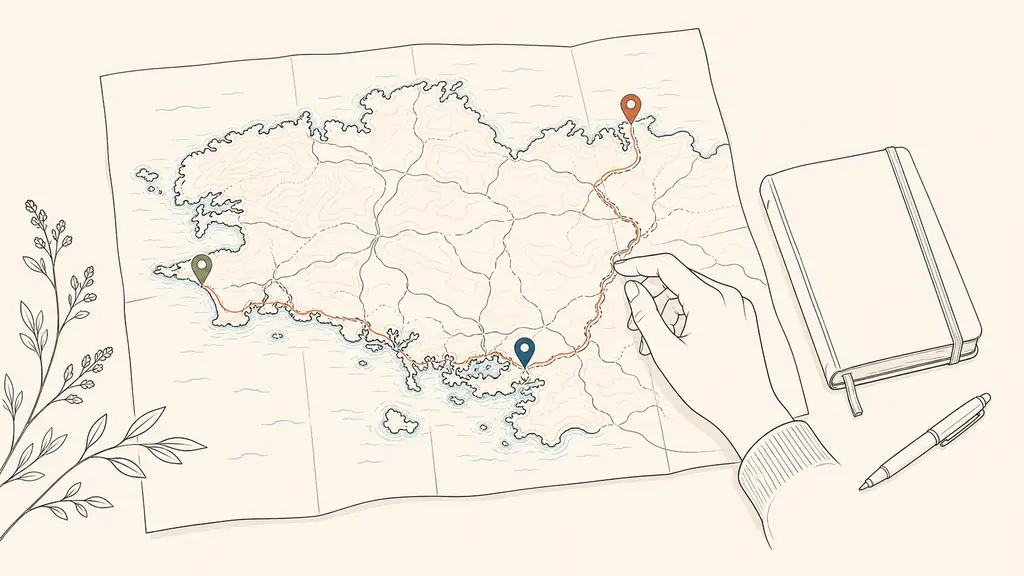 traveler tracing a route on a detailed paper map between Saint-Malo, the Pointe du Raz and the Gulf of Morbihan, with colored location pins and a notebook beside the map, no text or logo