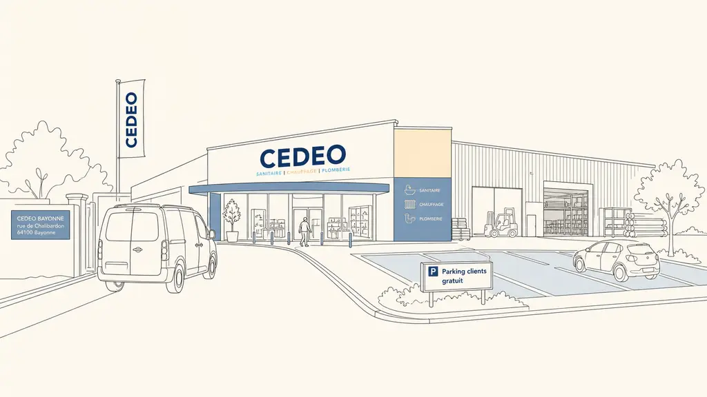 CEDEO Bayonne industrial area entrance on rue de Chalibardon, with a utility van approaching a free customer parking area beside the store and depot