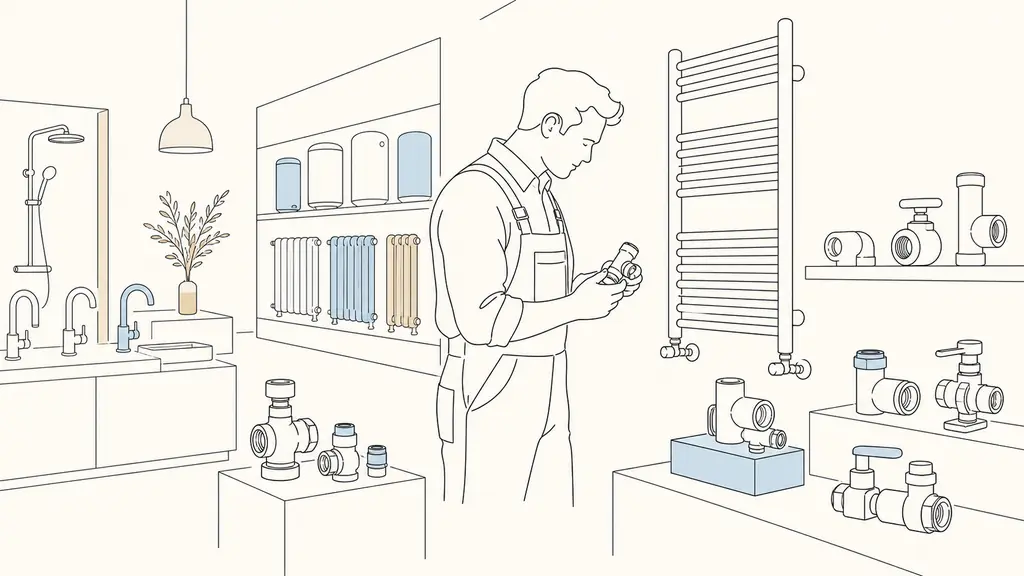 plumber examining bathroom plumbing fittings beside a towel radiator and neatly arranged heating equipment inside a professional supply store, no text, no logo