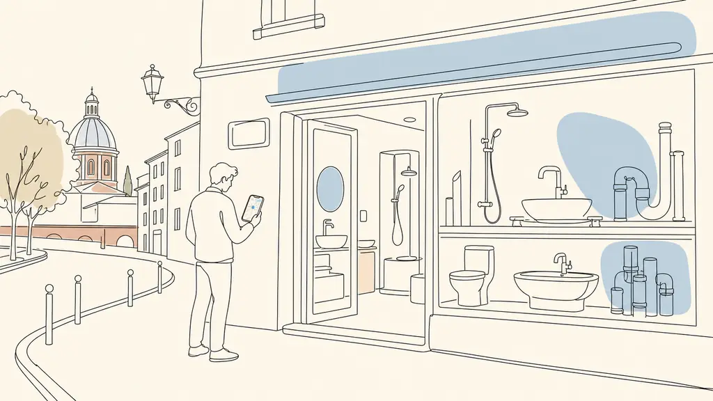 Exterior of a building supply store on rue Léon Joulin in Toulouse, with a customer checking the 290 street number on a smartphone map beside plumbing and bathroom equipment displays, no visible text or logos