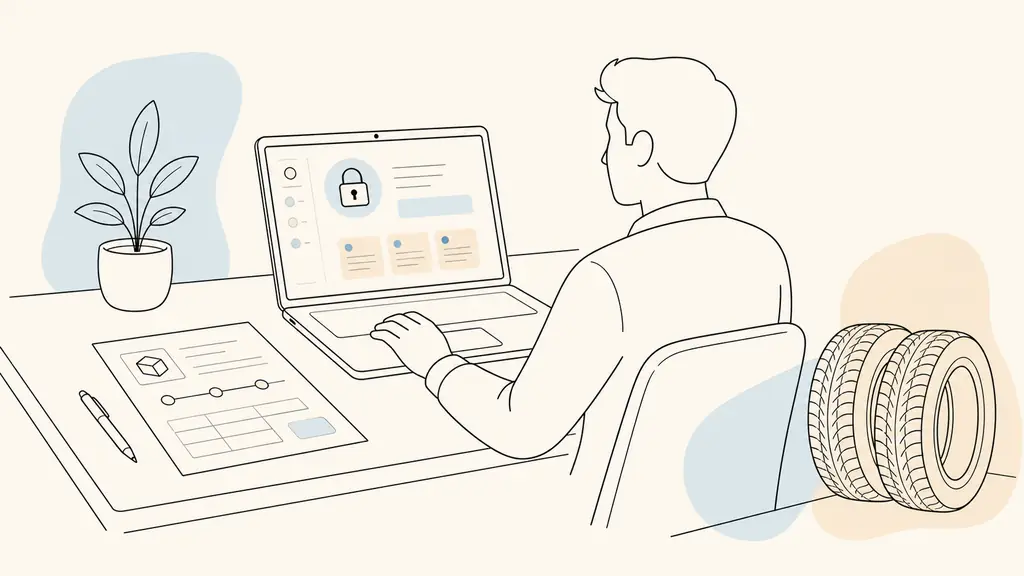 customer seated at a desk opening a secure customer portal on a laptop, with a parcel tracking slip and two car tires visible nearby, editorial photography, no text, no logo
