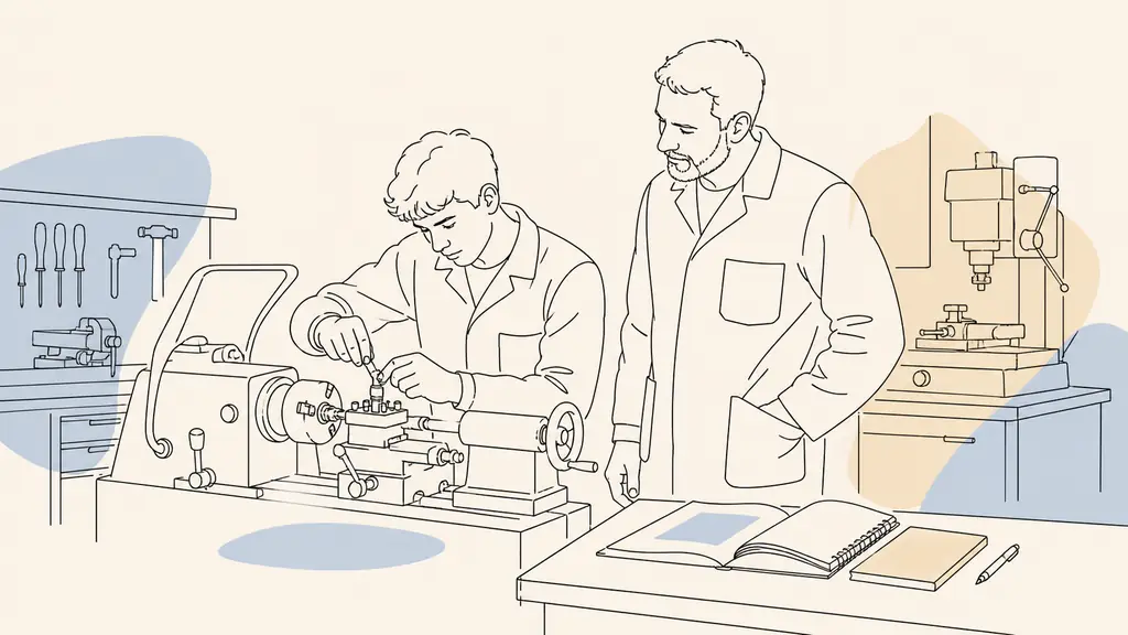 French apprentice practicing a precise technical gesture on professional equipment in a CFA workshop, with a trainer observing and course materials open nearby, editorial photography, no text, no logo