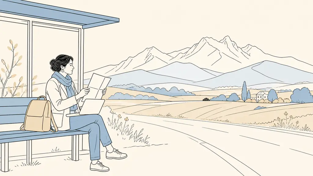 Adult learner at a rural bus stop checking a paper timetable and laptop, with agricultural fields and Ariège mountain foothills in the background, editorial photography, no text, no logo
