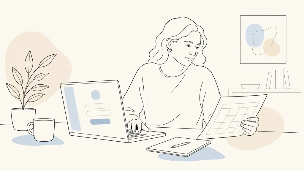 Adult learner opening a laptop on a training desk, entering login credentials on a generic digital learning platform while checking a printed weekly course schedule, editorial photography, no readable text, no logo