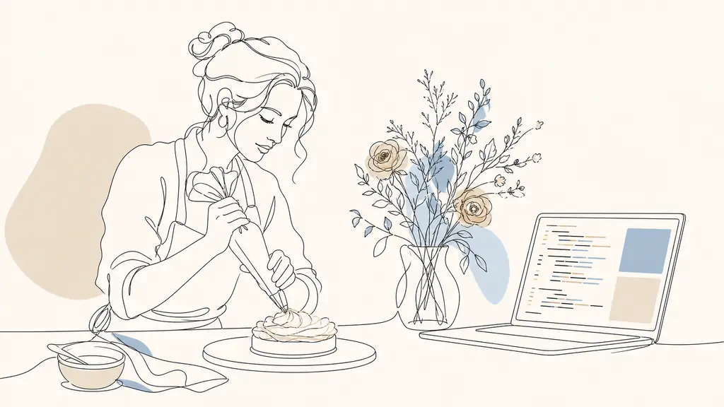 Adult learner piping pastry cream beside a bouquet of florist stems and an open laptop displaying web code, editorial photography, no text, no logo
