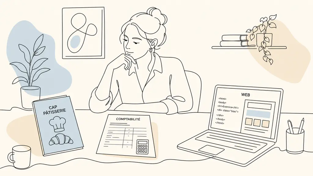 adult learner comparing a pastry CAP course booklet, an accounting curriculum sheet and a laptop displaying web development exercises on a home desk